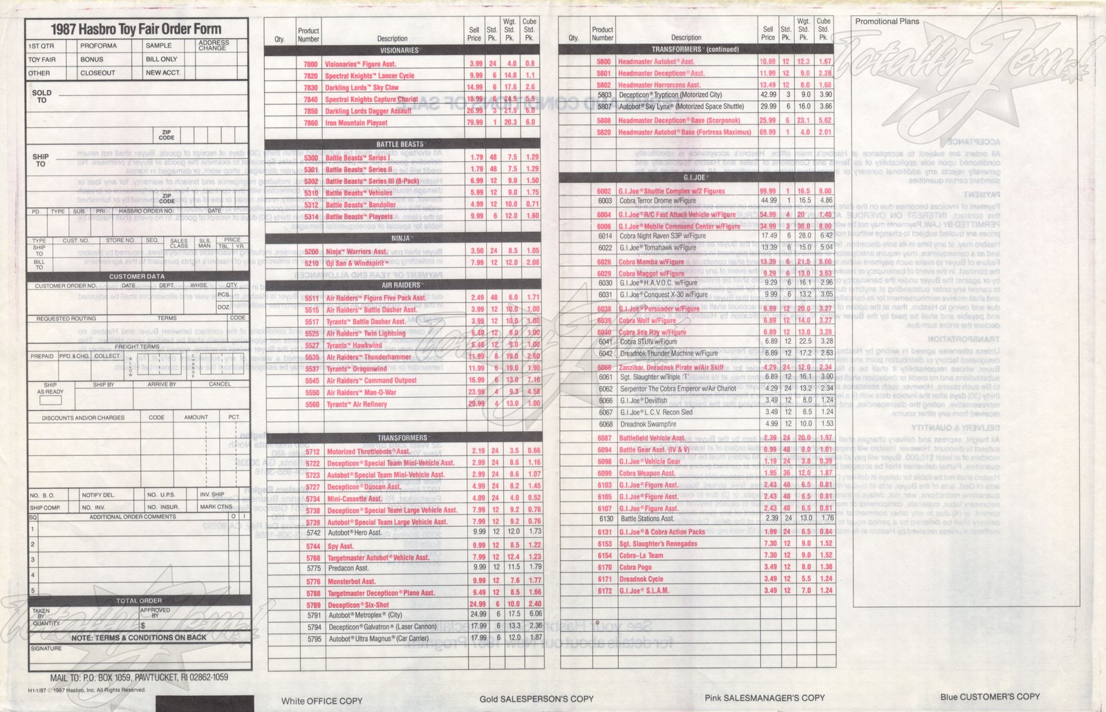 1987 Hasbro Toy Fair Order From